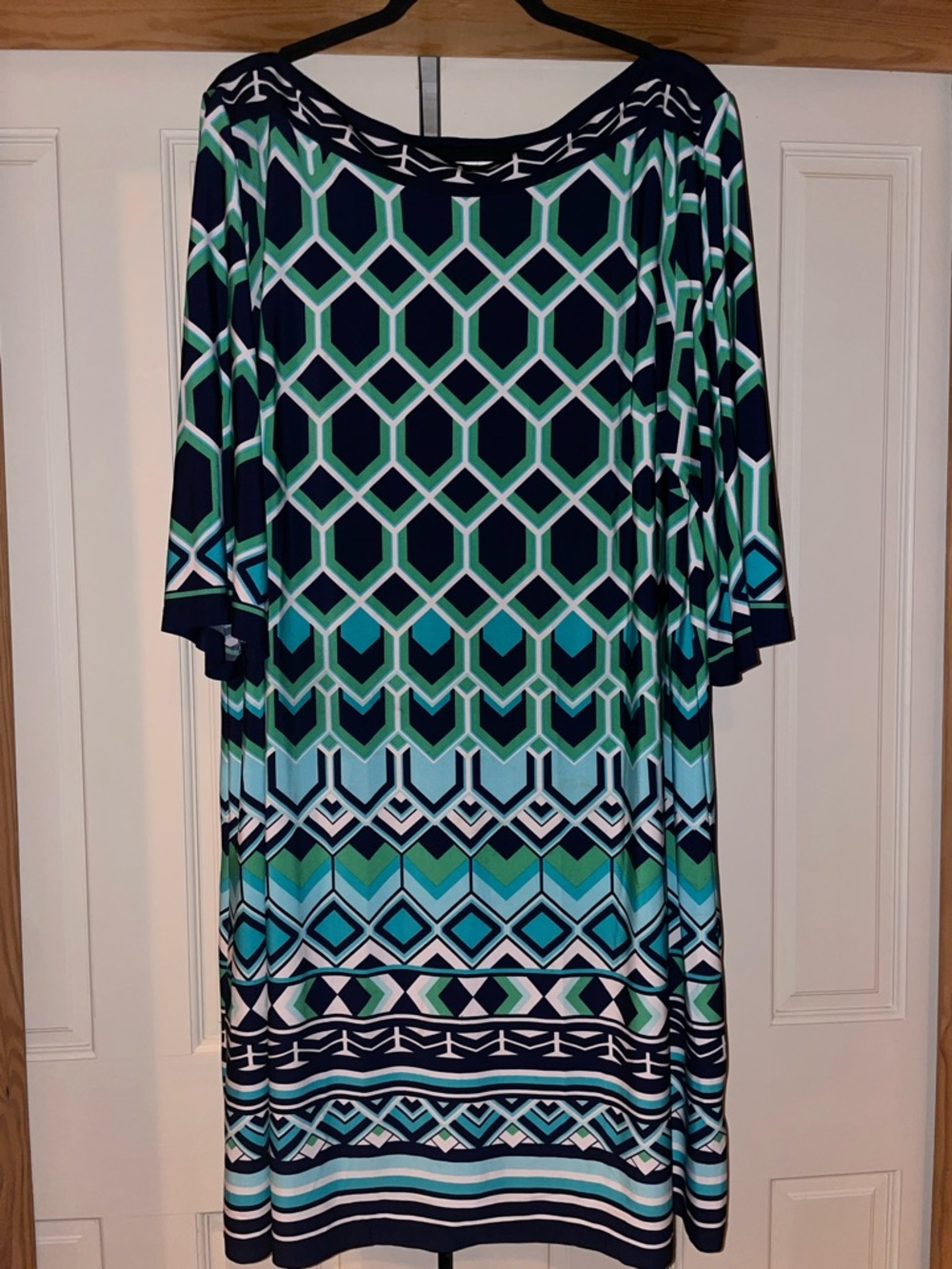 Sandra Darren Navy, Teal & White Geometric Midi Dress